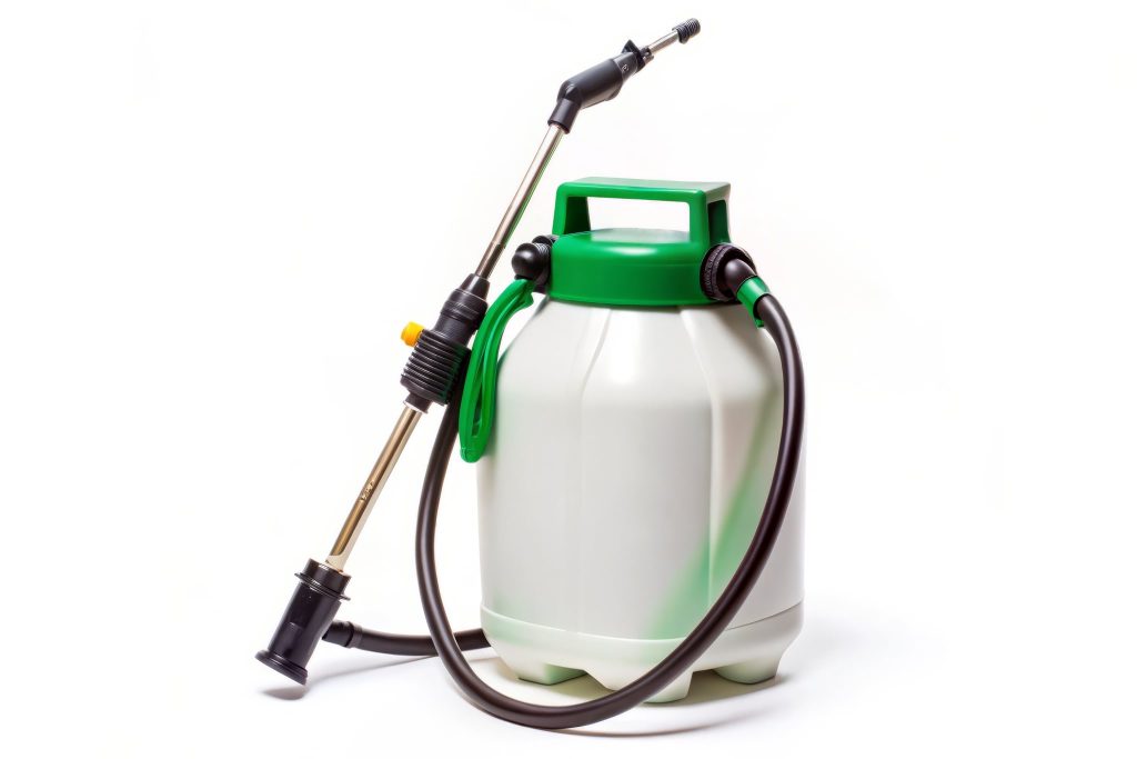 A white pesticide spray jug with a green lid